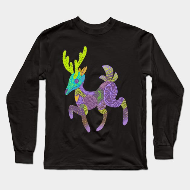 Whimsical Purple Cactus Deer Alebrije Long Sleeve T-Shirt by narwhalwall